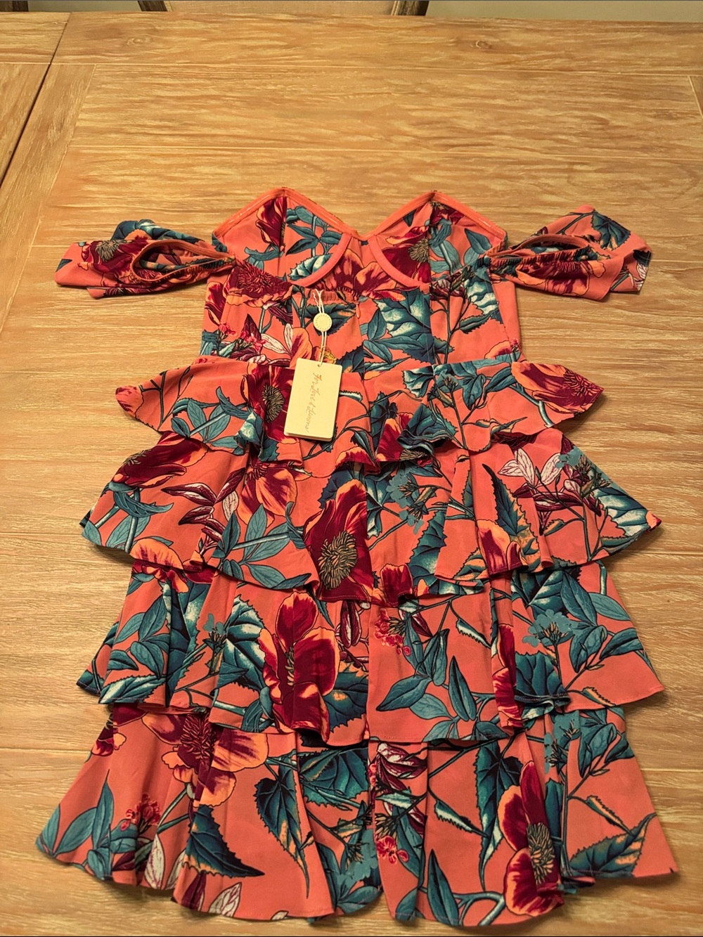 For Love And Lemons Orange Floral Tiered Dress with Teal Leaves - Picture 4 of 6